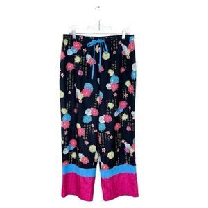 ANNE CARSON Women's Black Silk Wide Leg Pants Asian Floral Sequins Boho Y2K Sz L